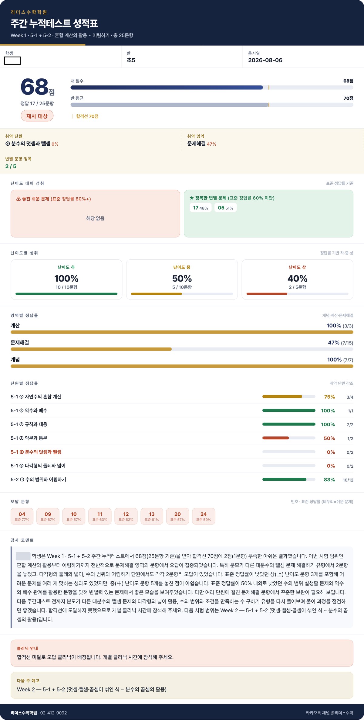 주간 누적테스트 성적표 샘플 1회차